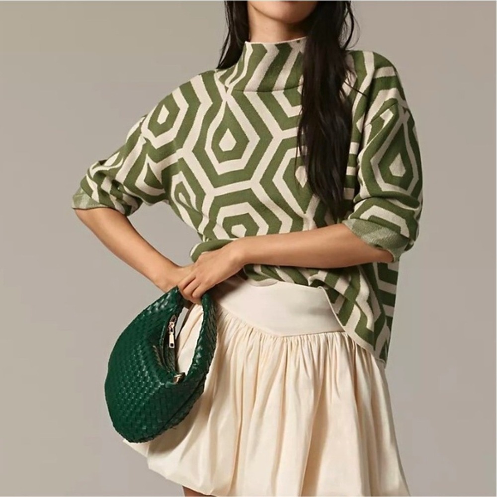 Anthropologie Maeve Carys Geometric Mock Neck Sweater Green Cream Small